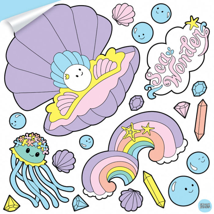 A sheet of sea creatures wall decals featuring baby clam, rainbows and squid.