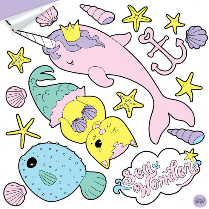 A sheet of sea creatures wall decals featuring baby narwal, mermaid kitten and pufferfish.