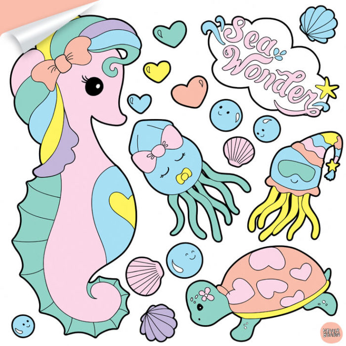 A sheet of sea creatures wall decals featuring baby seahorse, turtle and squid.