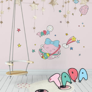 Circus Space inspired wall decals featuring a girl planet dancing with hula hoops in a kid's room.