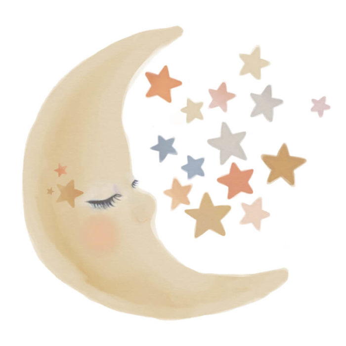 Moon and stars watercolour wall decal collection sheet.