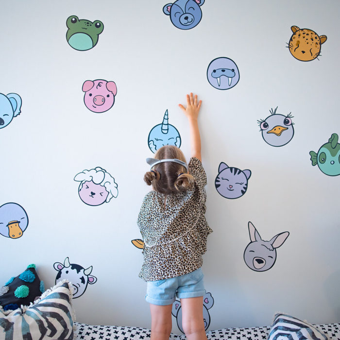 Kawaii inspired animal heads as wall decals for playroom decor.