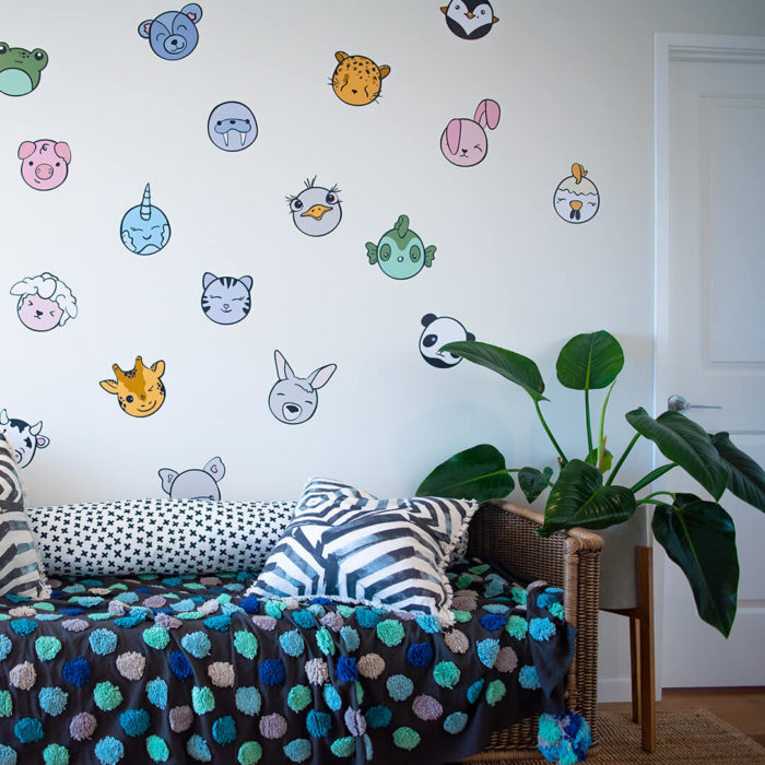 Kawaii inspired wall decals of animals for a nursery.